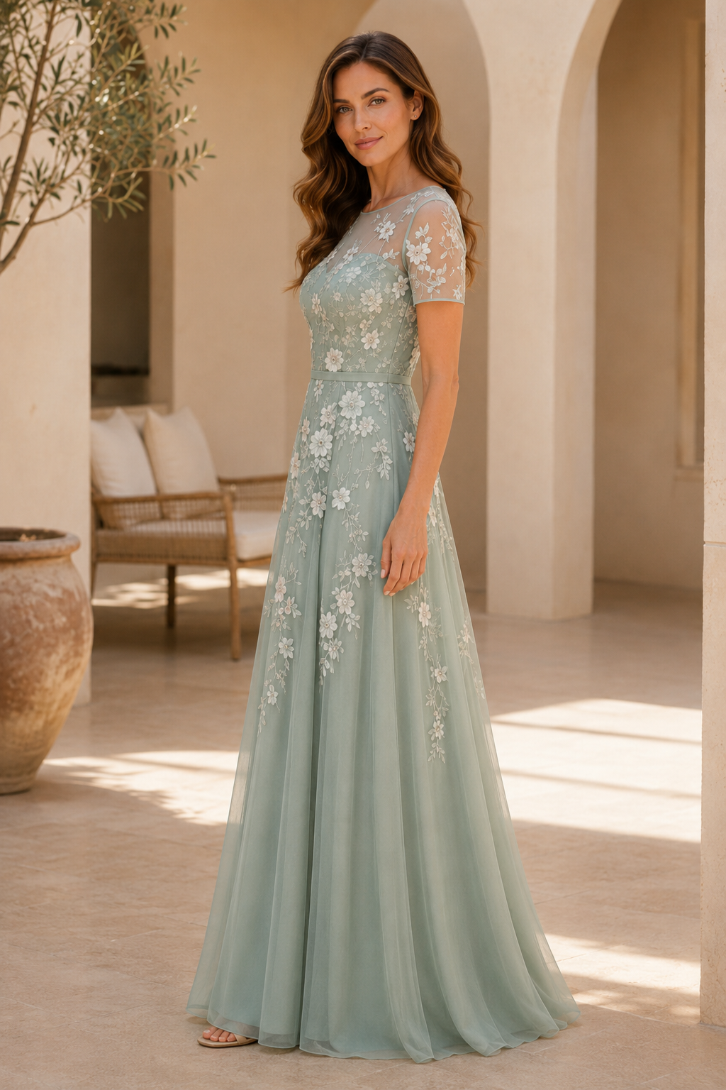 Besticktes Blumen-Maxikleid in A-Linie mit Illusionseffekt
