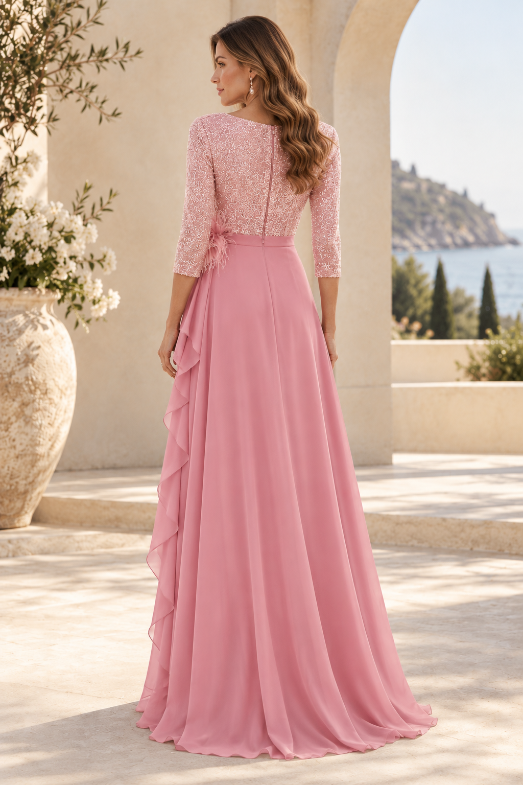 Sequin 3/4 Sleeve A-Line Gown with Ruffled Chiffon Skirt