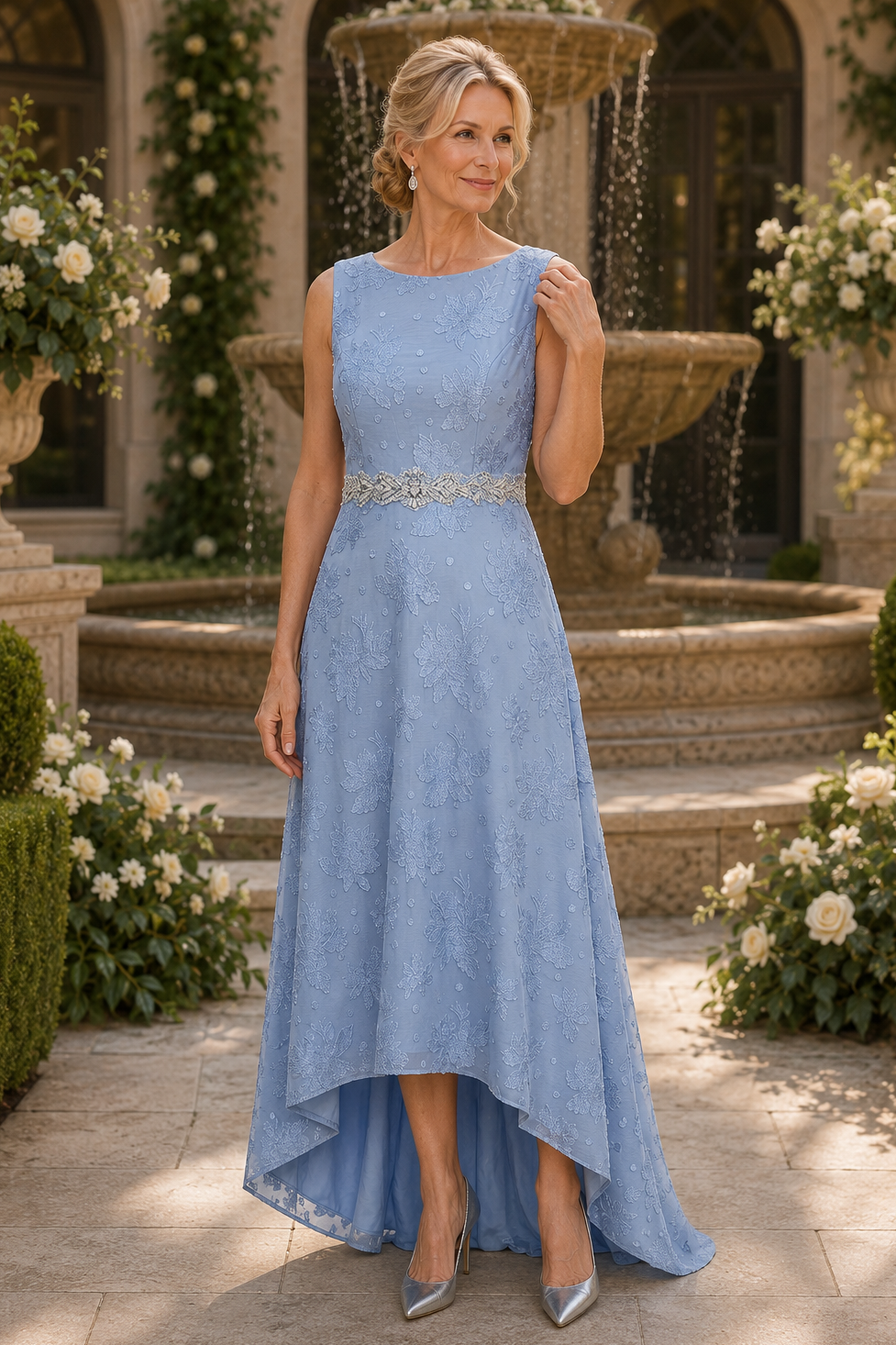 High-Low A-Linien-Kleid aus floraler Spitze mit Perlenbund