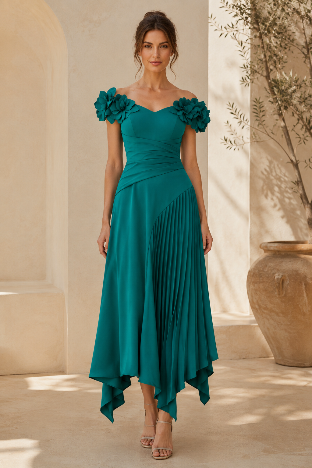 Geblümtes, schulterfreies, asymmetrisch plissiertes Midikleid
