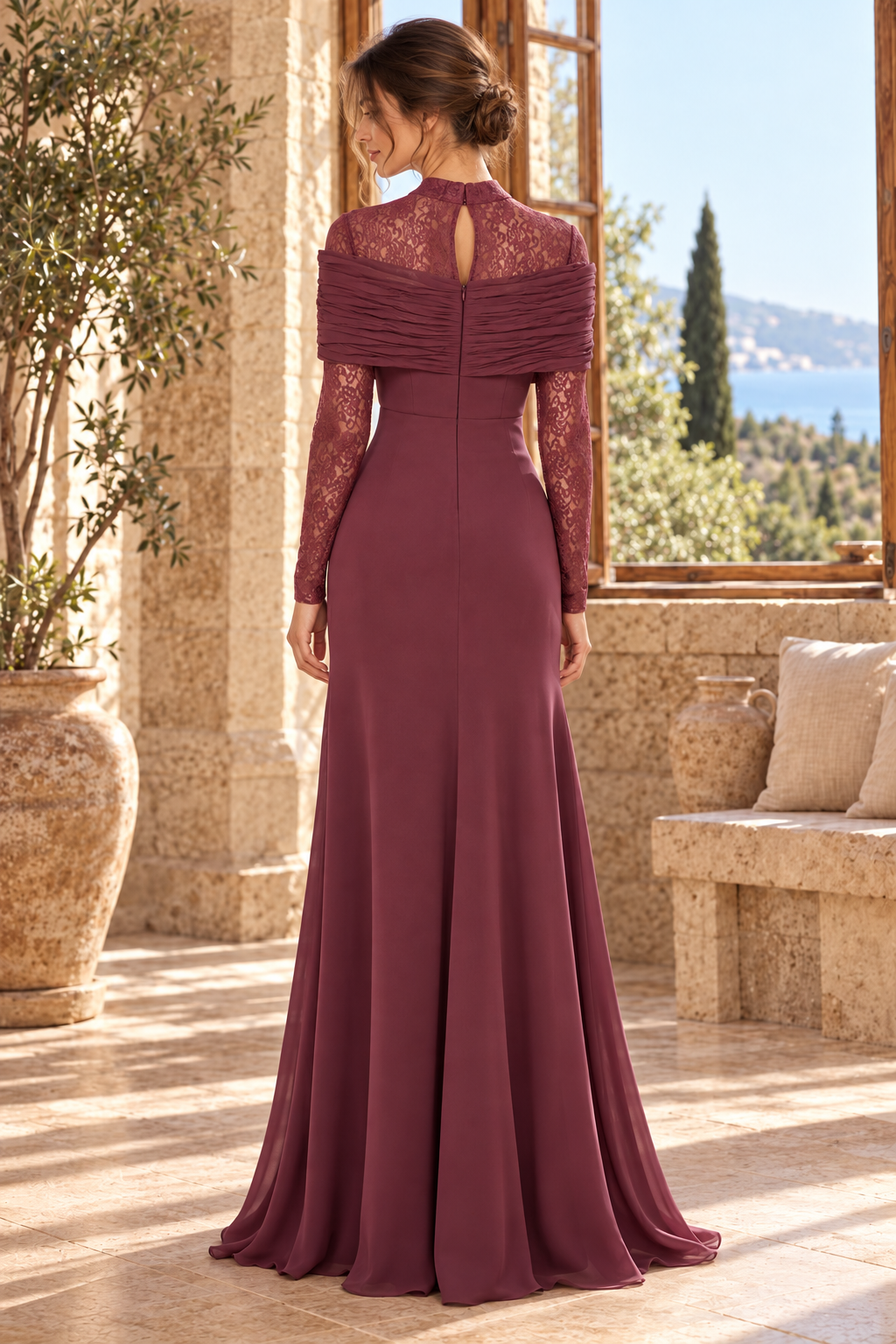 Lace High Neck Ruched Bodice Evening Gown