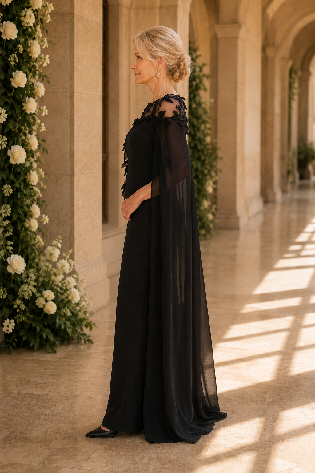 Abendkleid mit Cape und Illusion-Ausschnitt