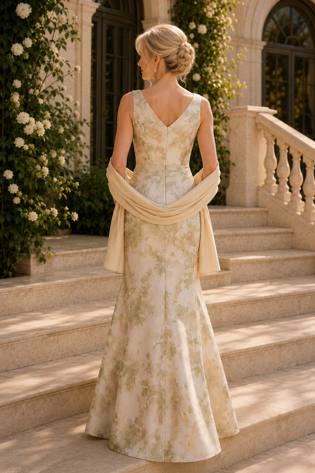 Ärmelloses Abendkleid aus Jacquard mit Blumenmuster