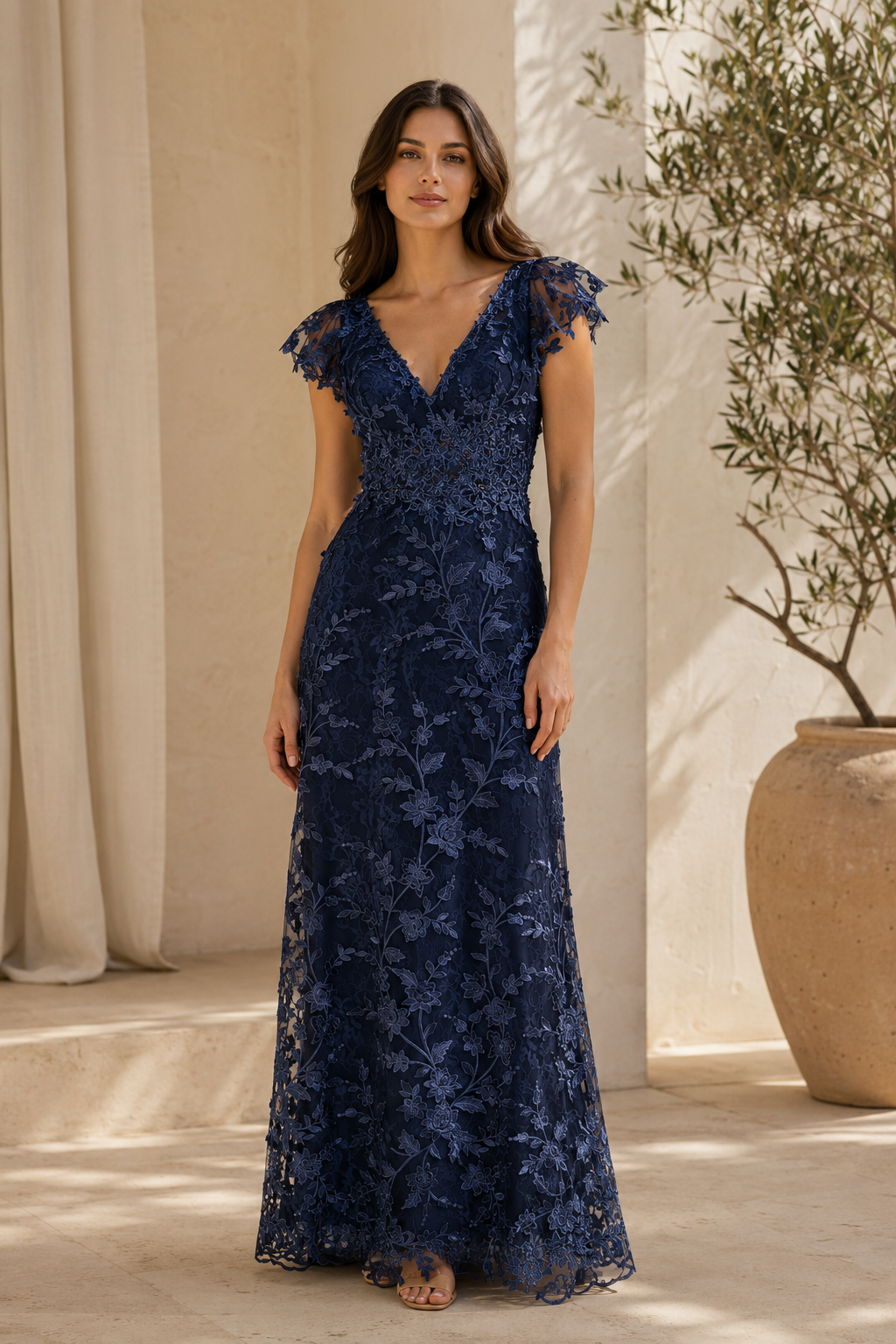 Blumen-Spitze V-Ausschnitt Abendkleid mit Volantärmeln