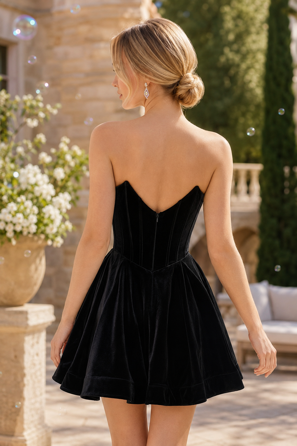 Trägerloses Samtkorsett-Minikleid mit 3D-Blumen