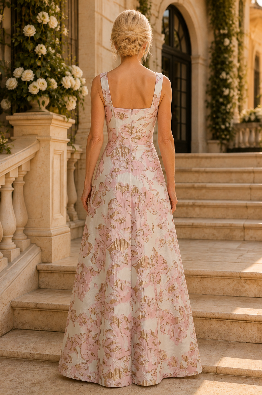 Florale Jacquard-Abendrobe mit asymmetrischem Drapé