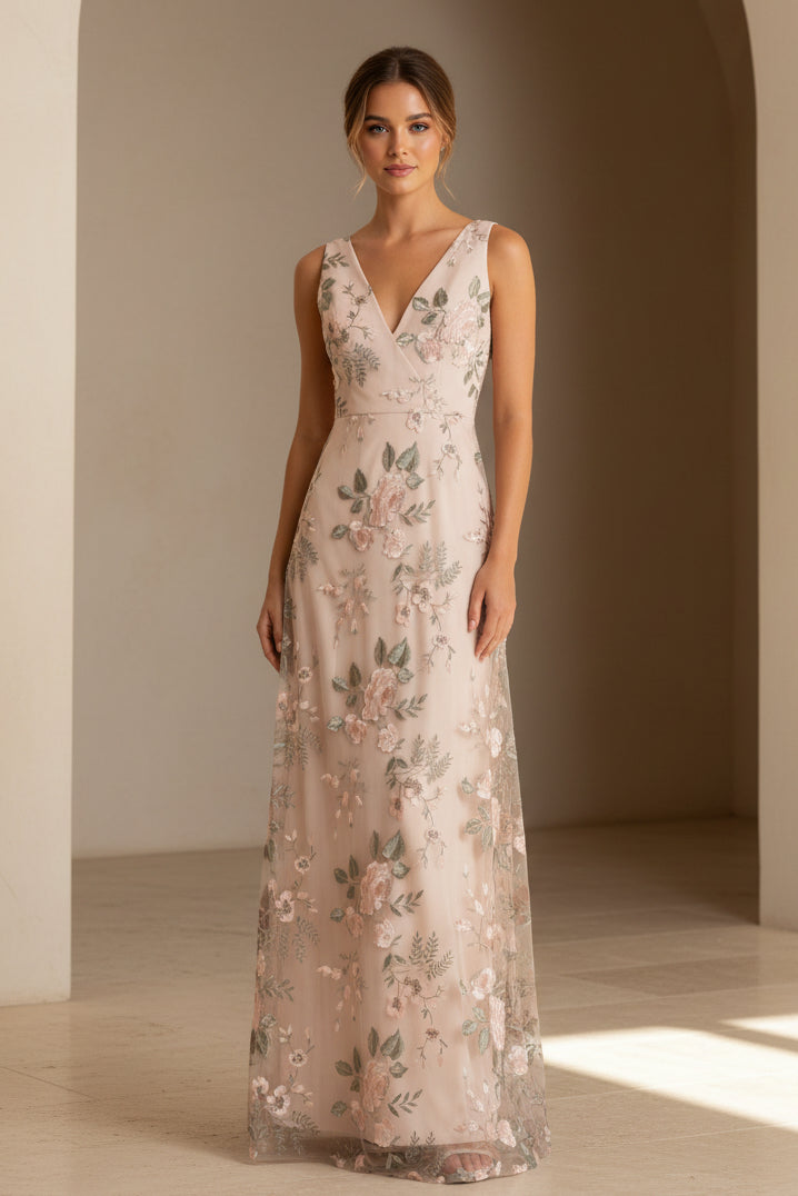 Geblümtes, besticktes A-Linien-Kleid mit V-Ausschnitt