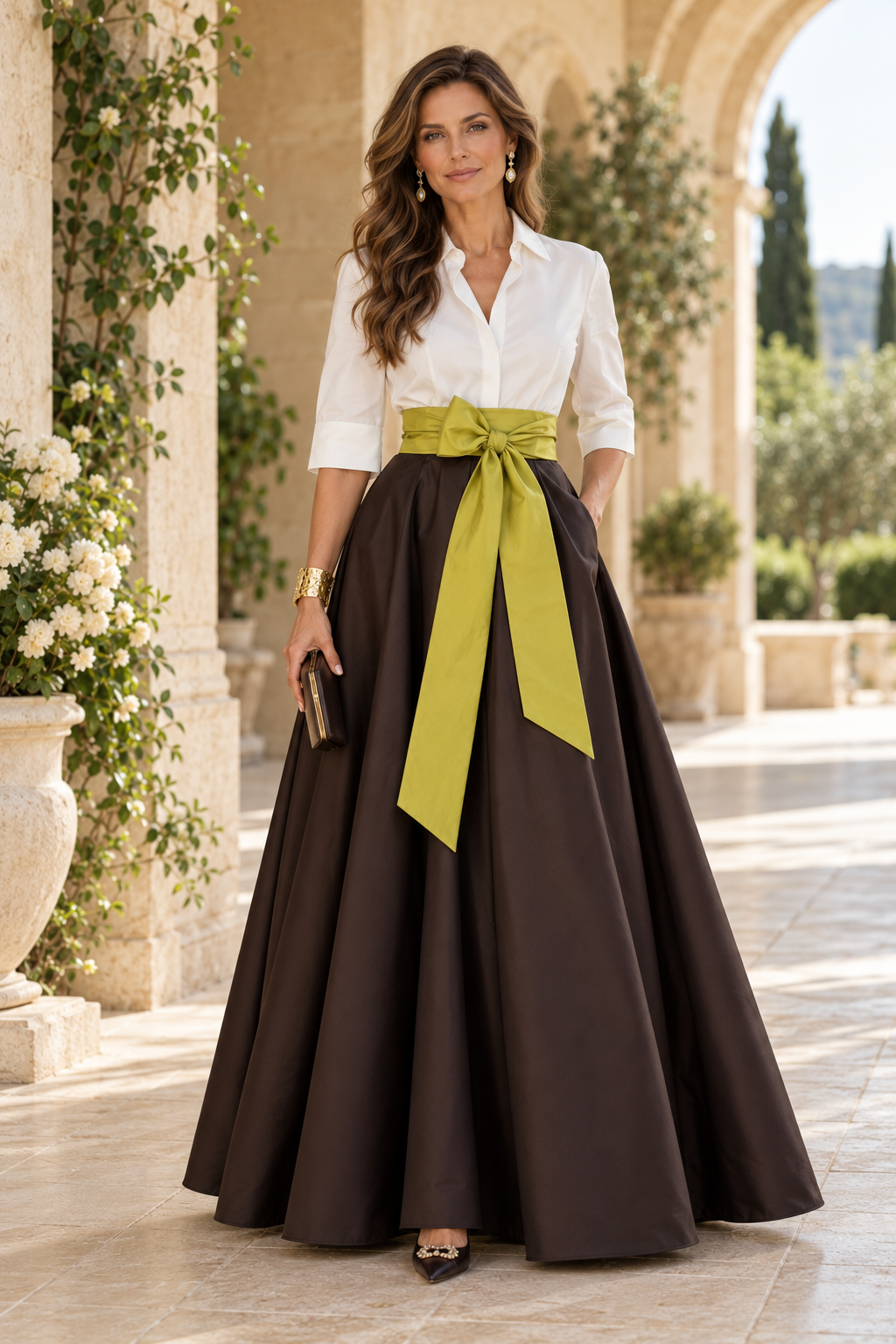 Collared Shirt Ball Gown with Bow Sash and Pockets