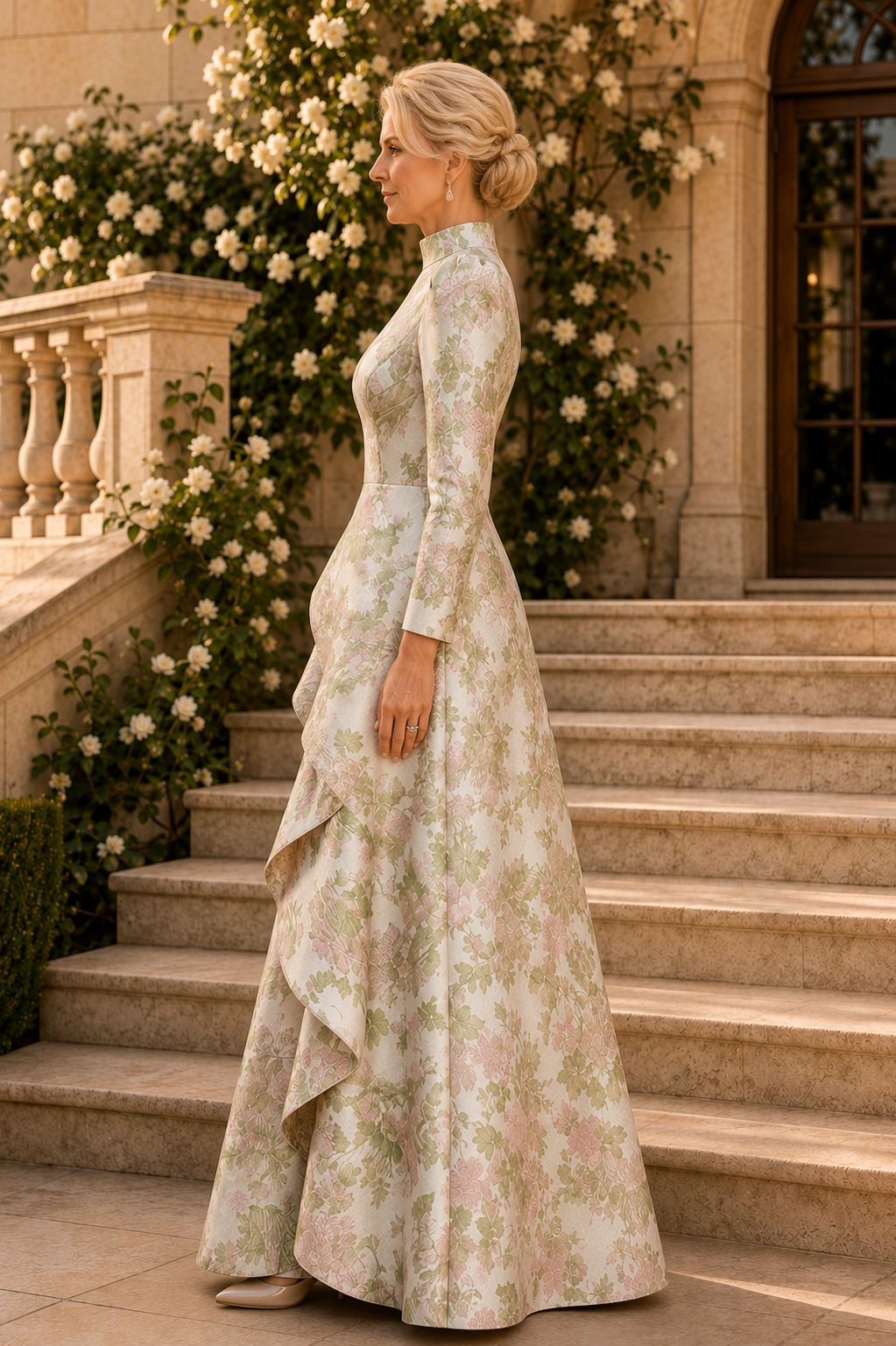 Hochgeschlossenes Jacquard-Kleid mit Blumenmuster und Kaskadenrüschen