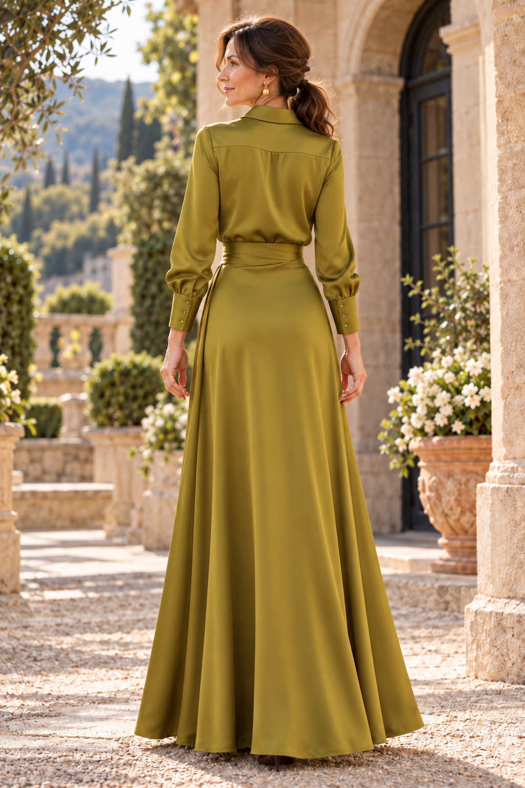 Collared Satin Evening Gown with Lace Underlay