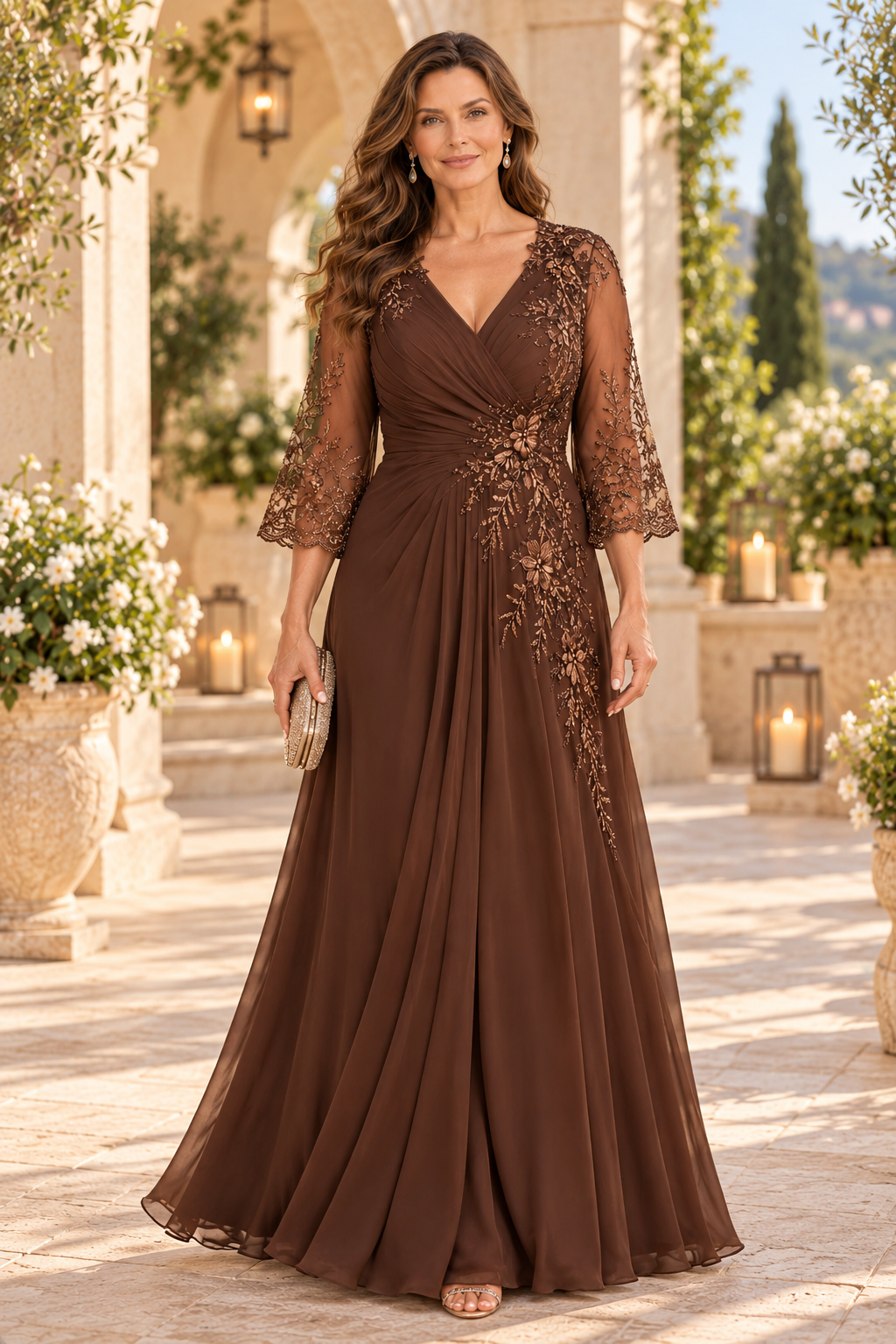 A-Line Chiffon Gown with 3/4 Sleeves and Beading