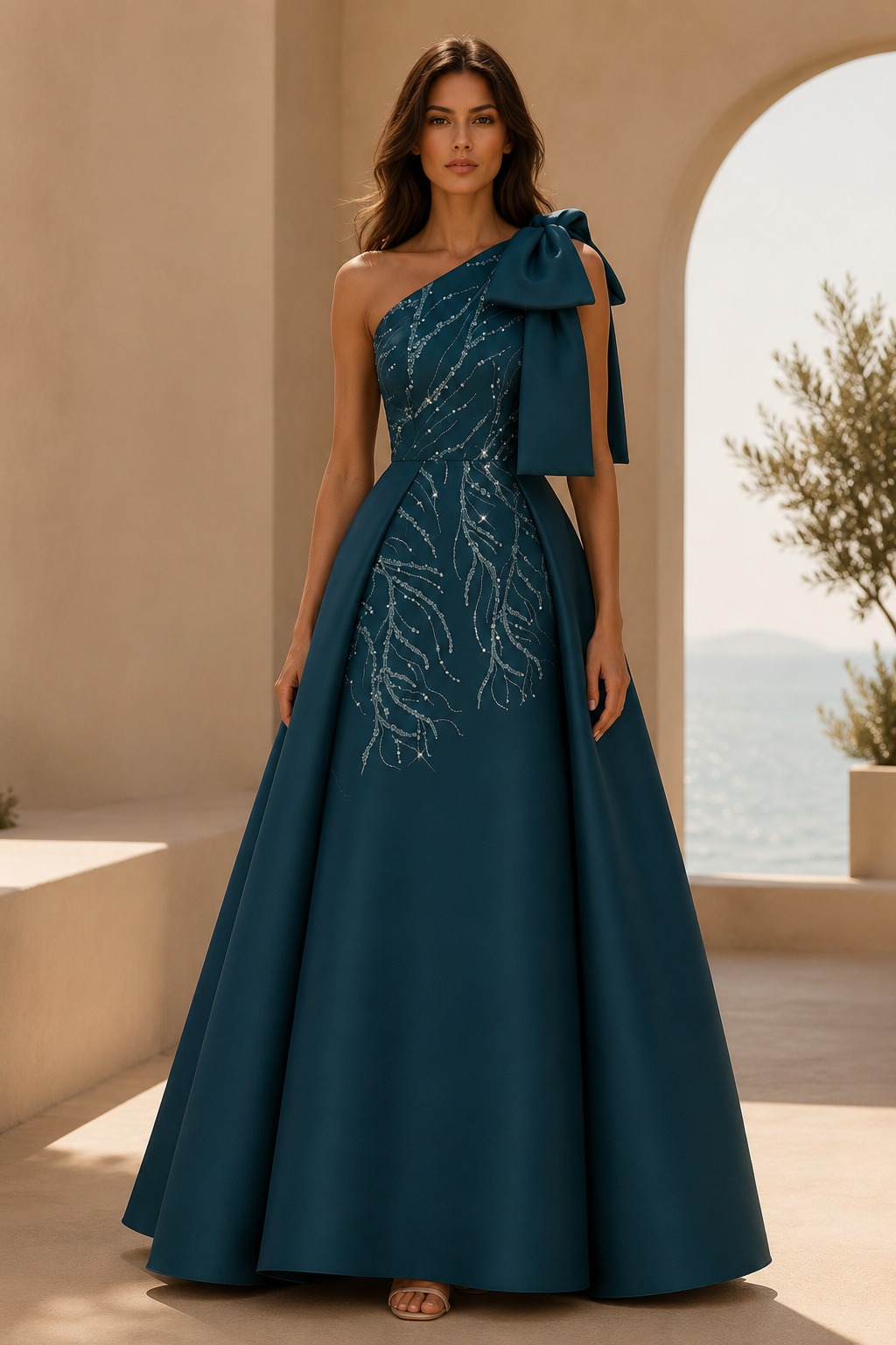 Asymmetrisches A-Linien-Kleid mit Schleife