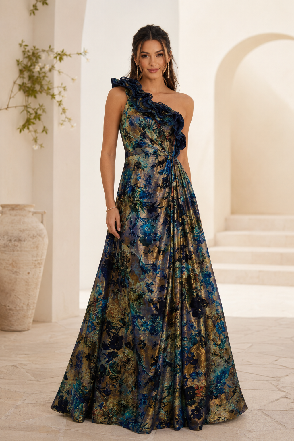Blumen-Jacquard-Abendkleid mit One-Shoulder-Rüsche