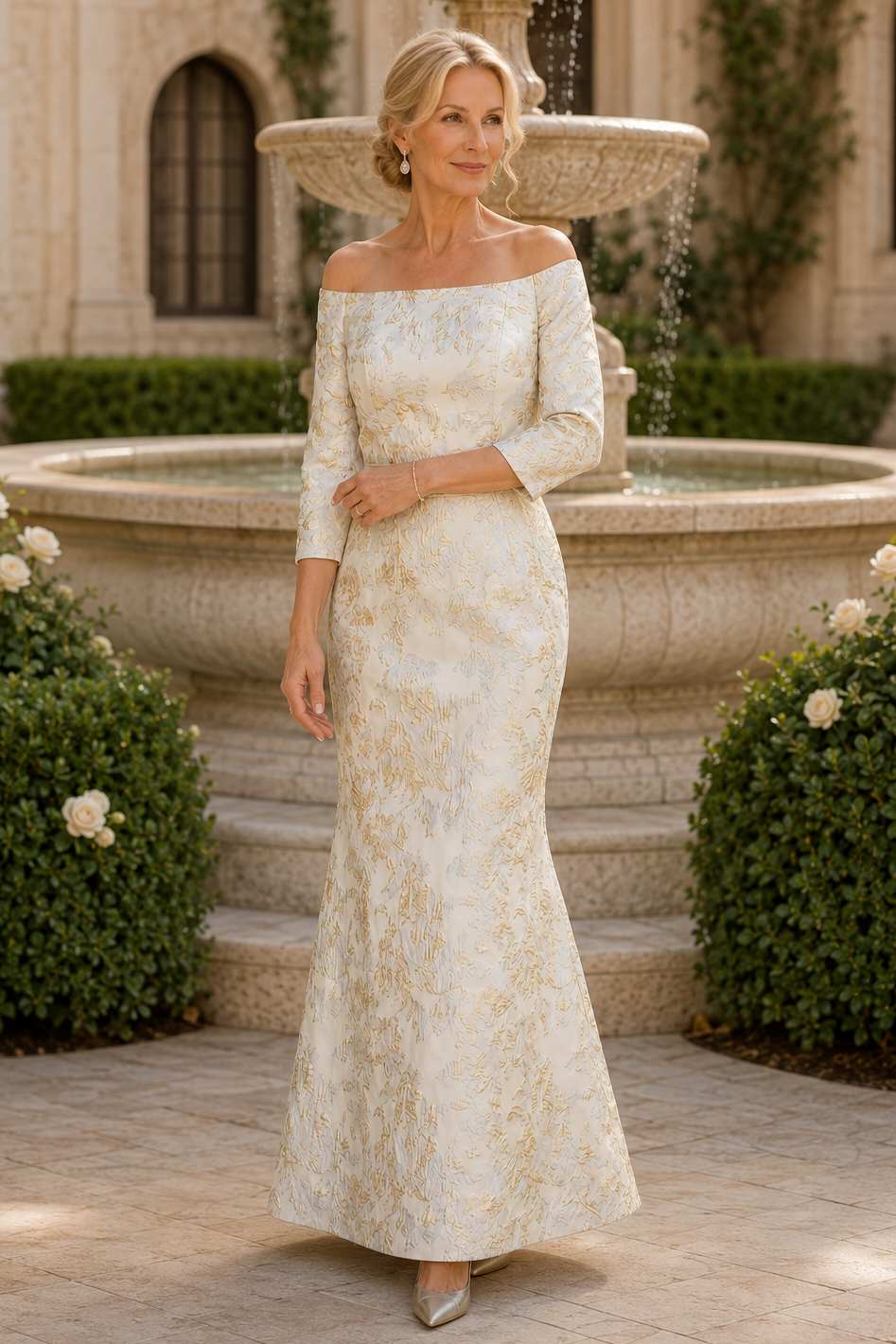 Carmen-Jacquardkleid mit 3/4-Ärmeln