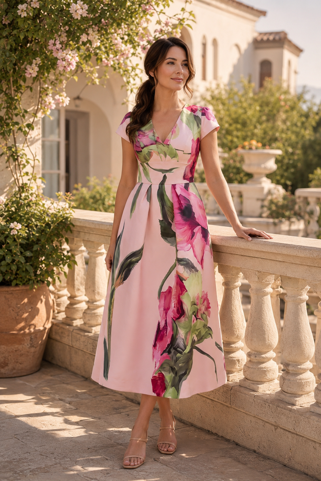 Geblümtes V-Ausschnitt A-Linien Midikleid
