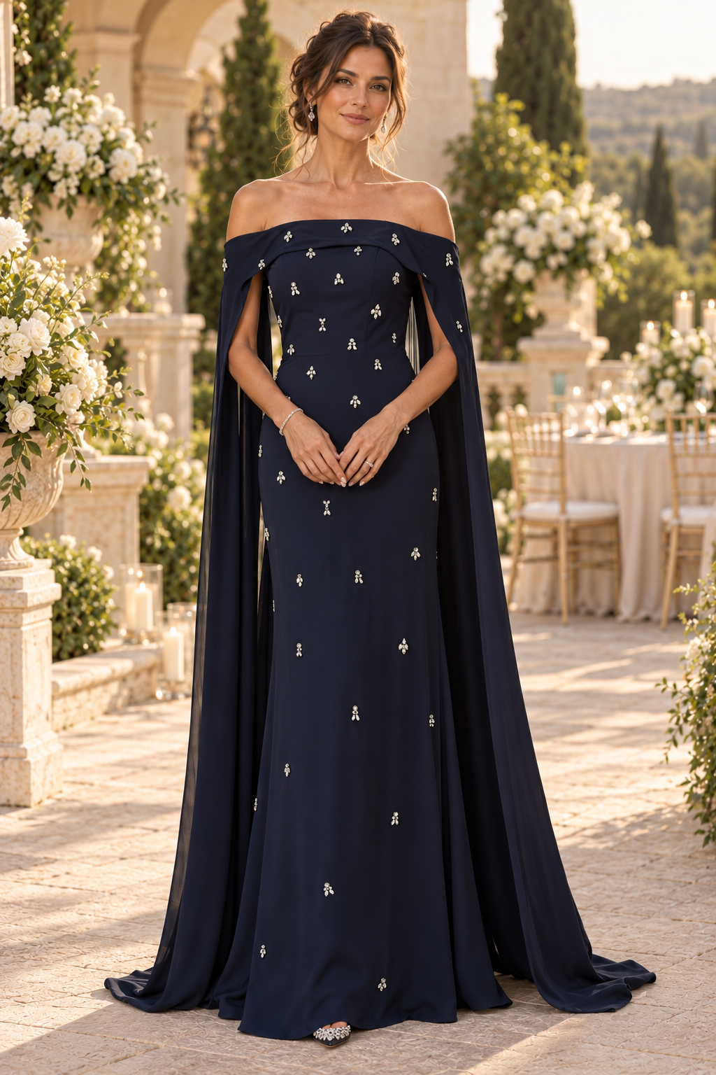 Off-the-Shoulder Cape Gown with Crystal Accents