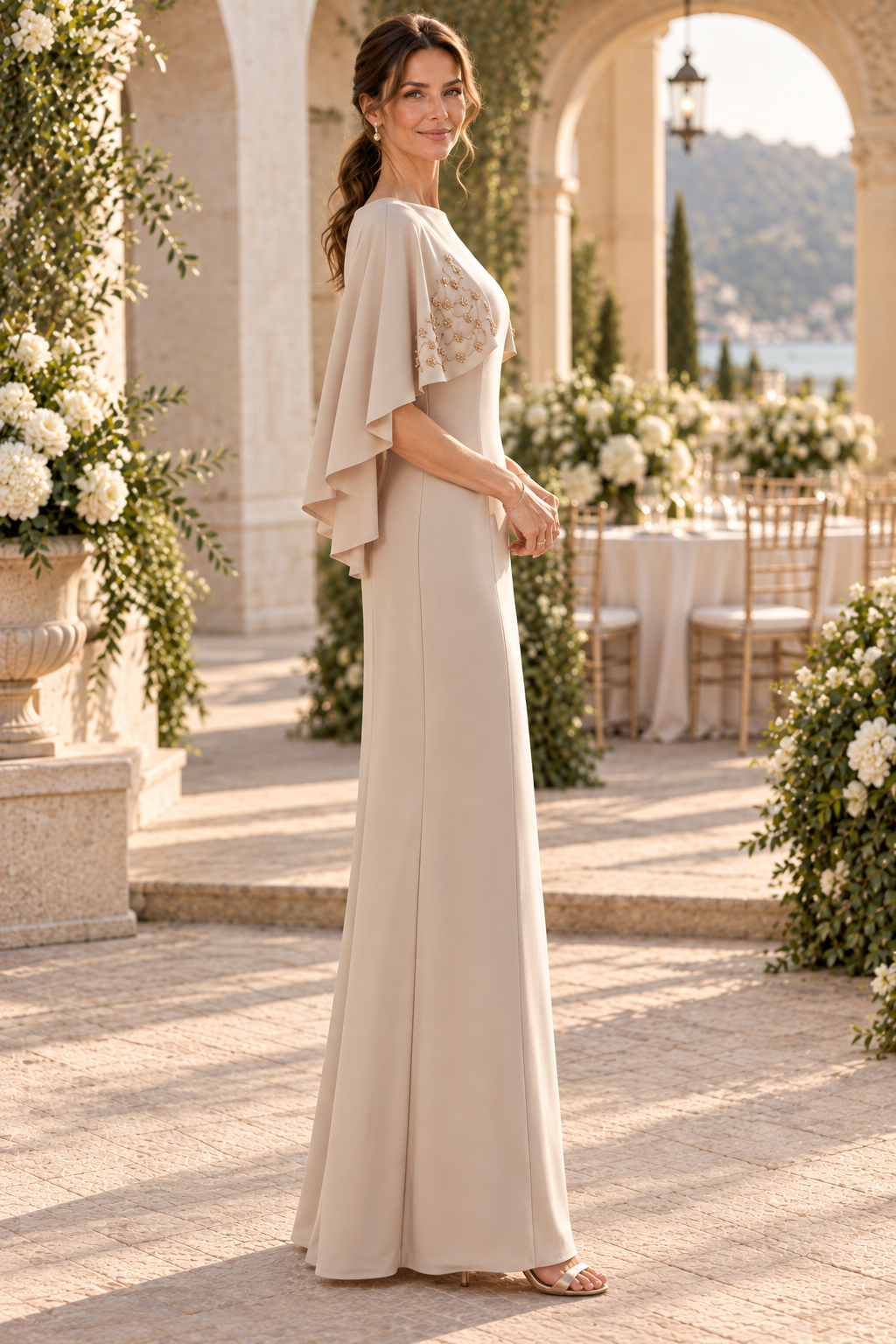 Embellished Cape Sleeve Floor-Length Gown