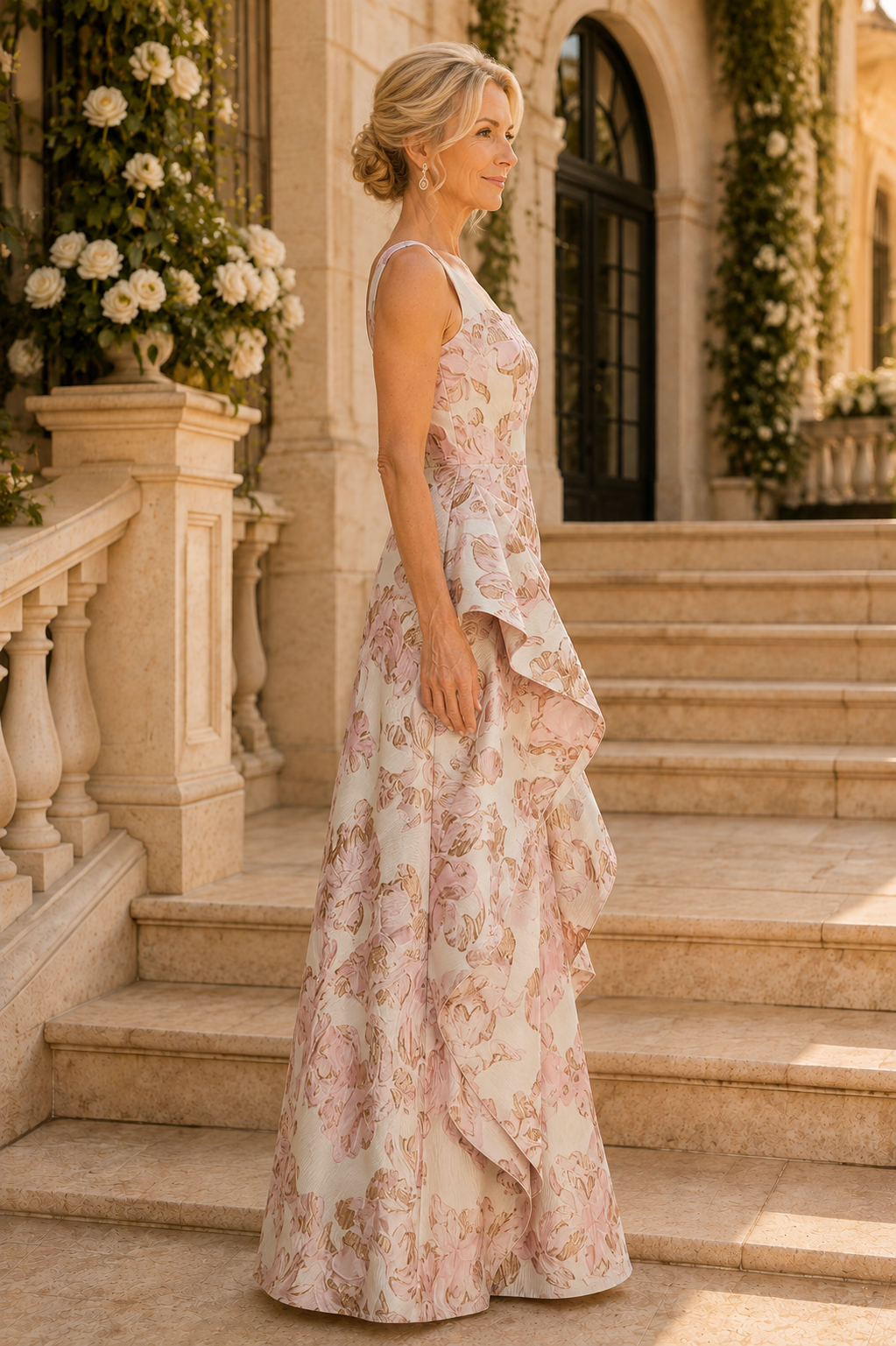 Florale Jacquard-Abendrobe mit asymmetrischem Drapé