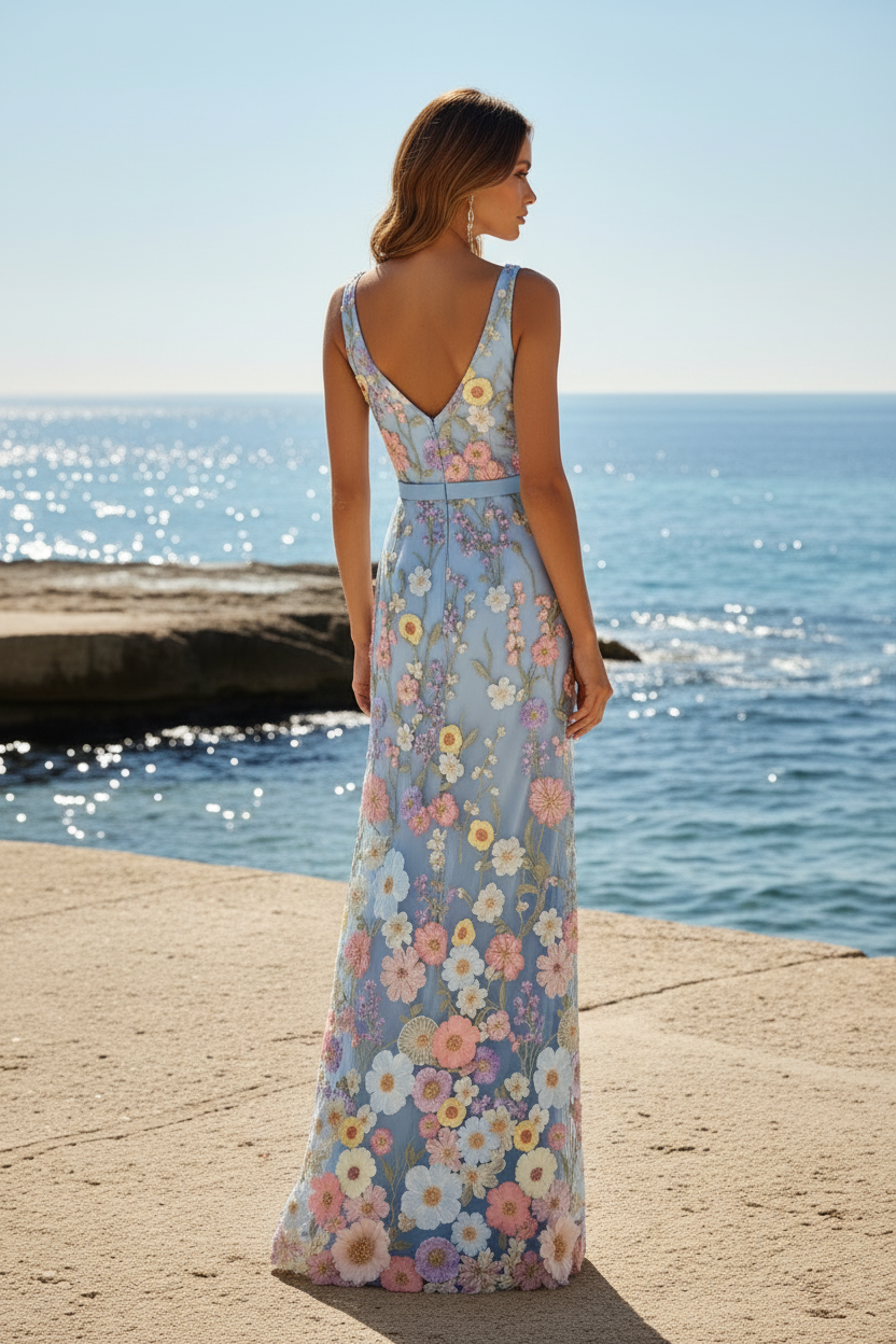 Besticktes 3D-Blumen-V-Ausschnitt-Kleid