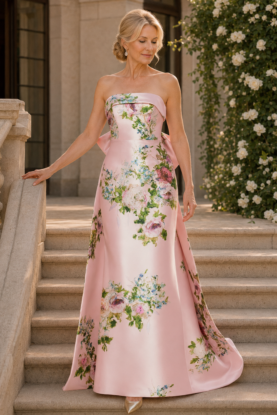 Trägerloses A-Linien-Satin-Kleid mit Blumenmuster und Schleife am Rücken