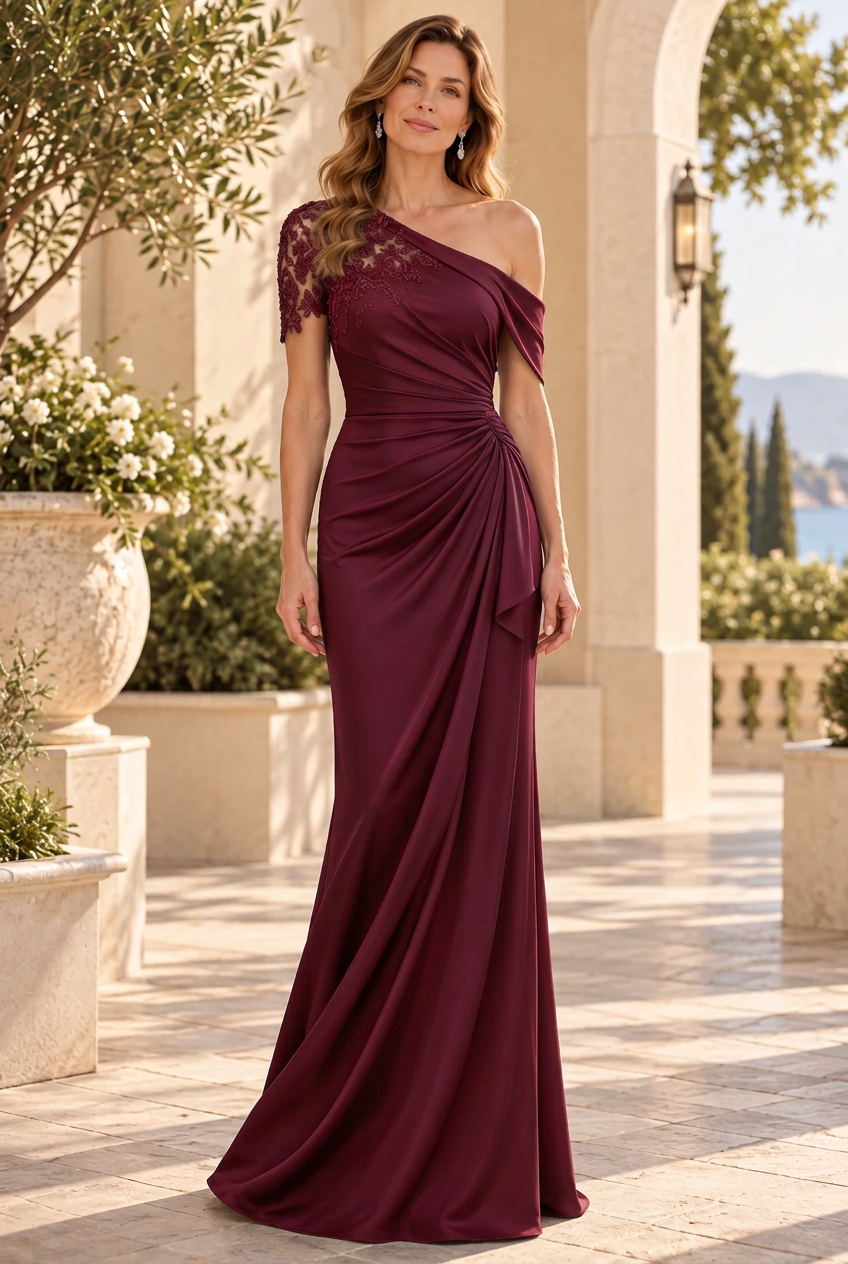 One-Shoulder Lace Applique Ruched Evening Gown