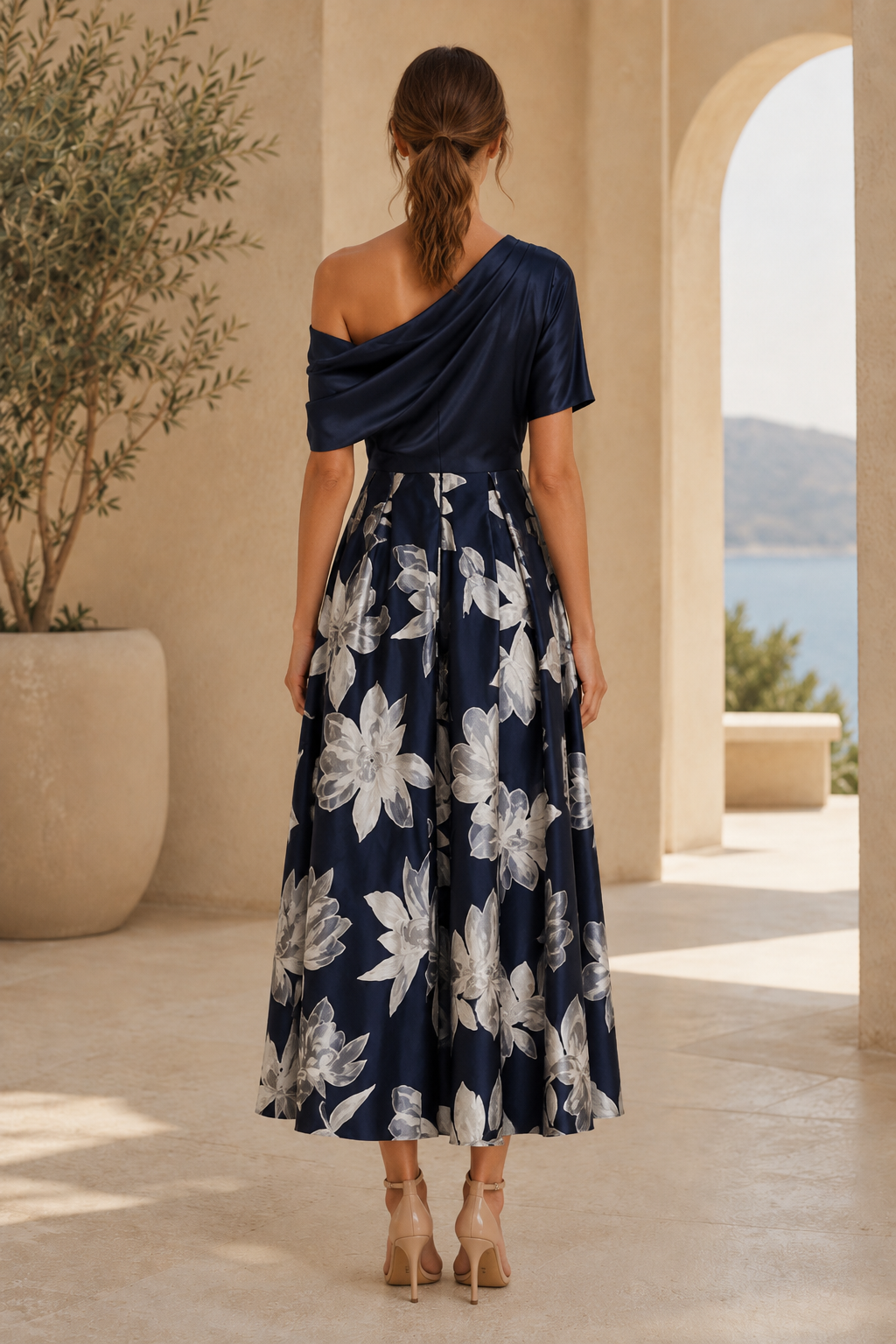 Blumen-Jacquard-Midikleid mit One-Shoulder-Träger