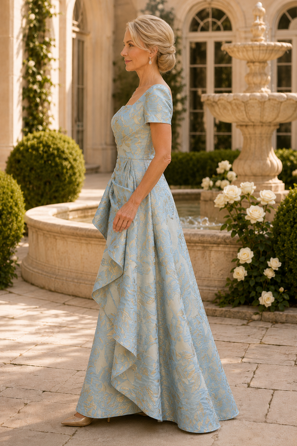 Kurzarm-A-Linien-Kleid aus Jacquard mit gestuften Rüschen