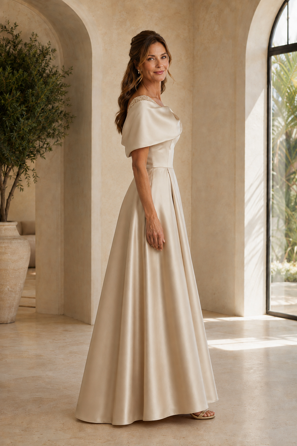 Satin-A-Linien-Kleid mit perlenbesetztem Capelet