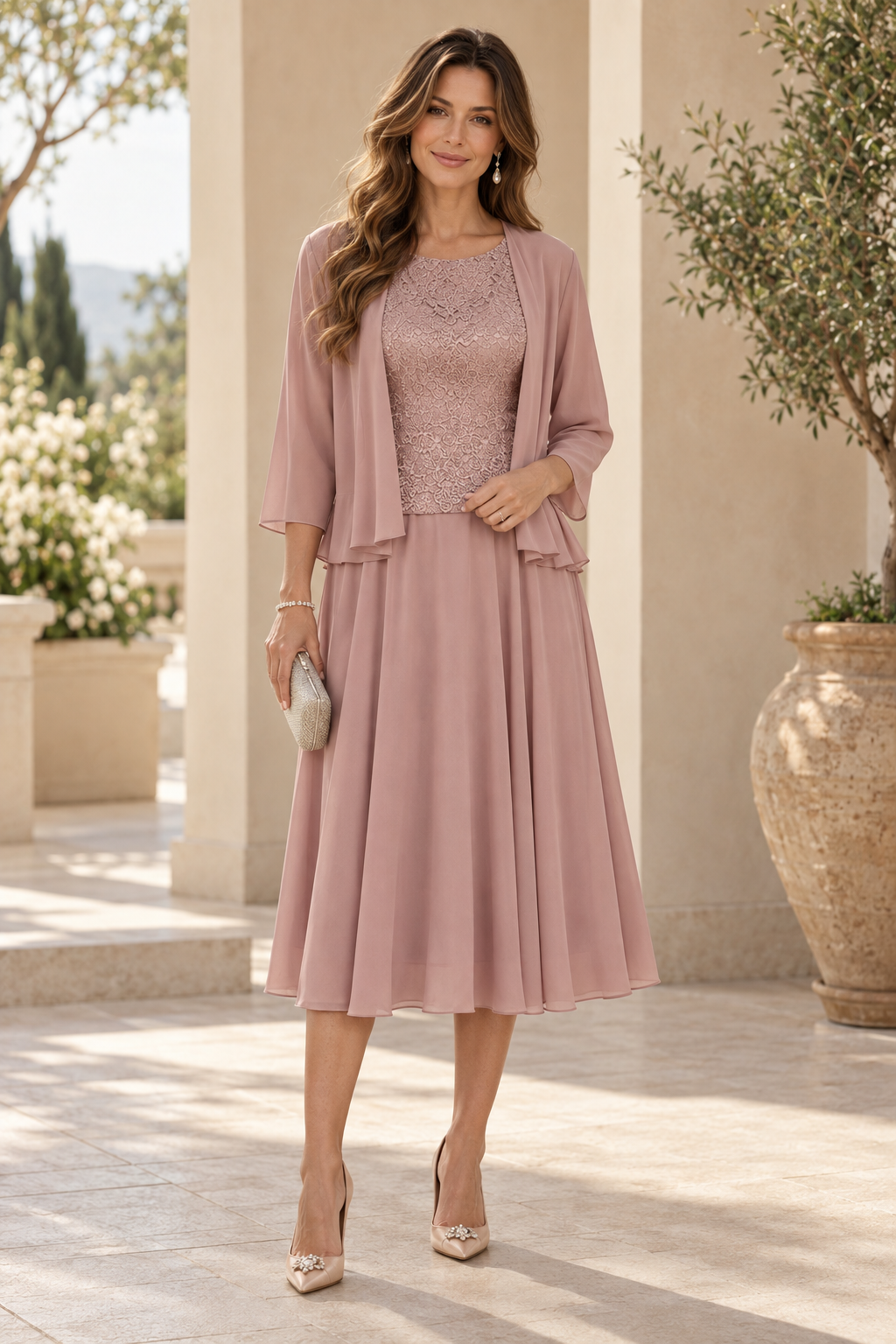 Lace & Chiffon Midi Dress with Matching Jacket