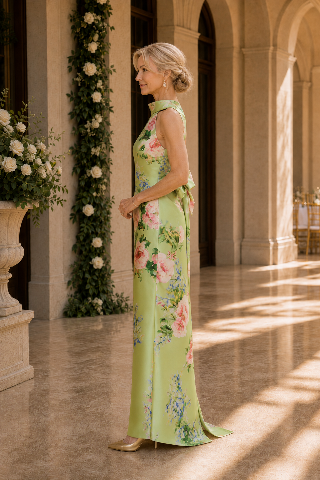 Geblümtes Maxikleid mit hohem Kragen und Schleife