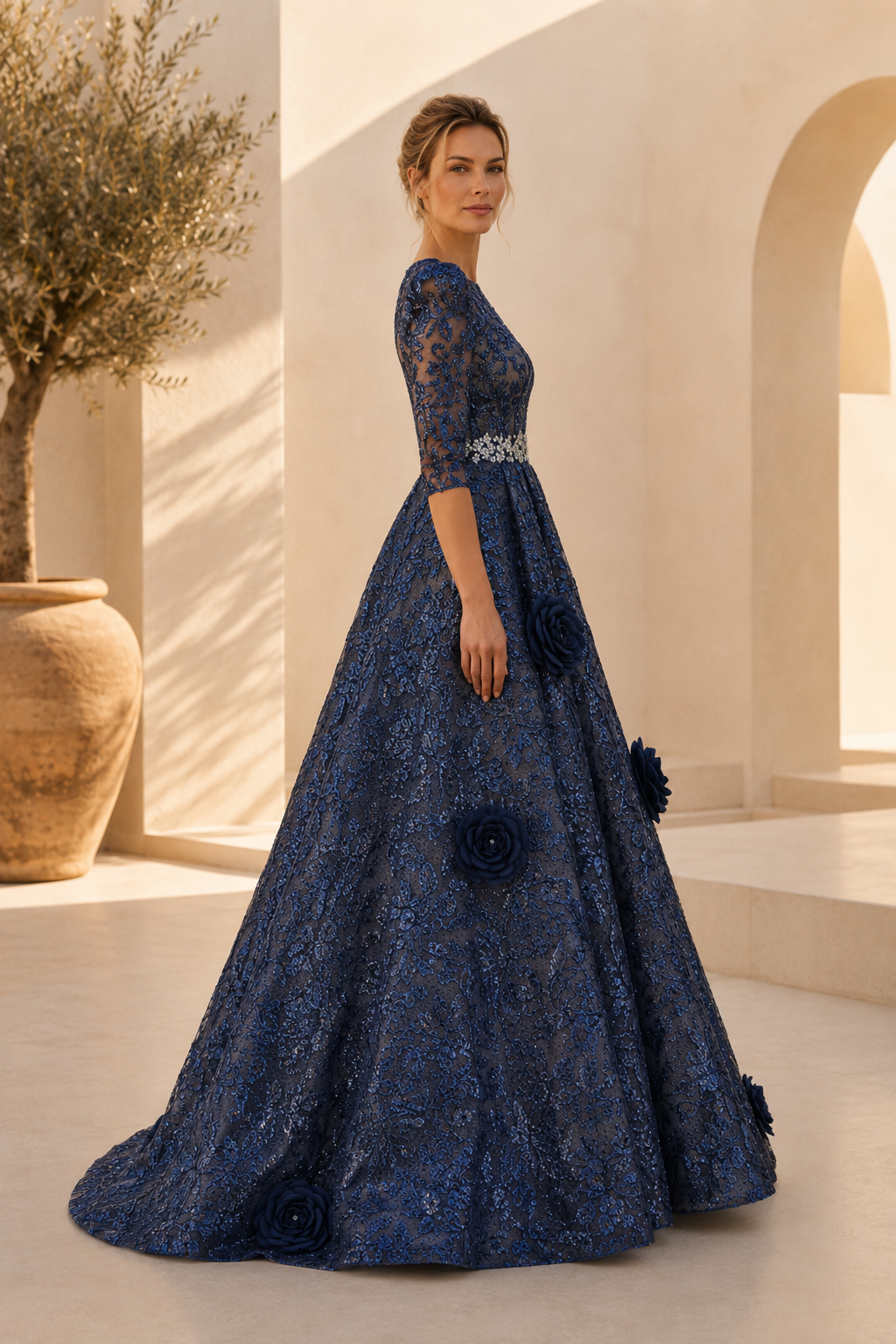 3D-Blütenapplikationen-Spitzenkleid mit Perlenbund