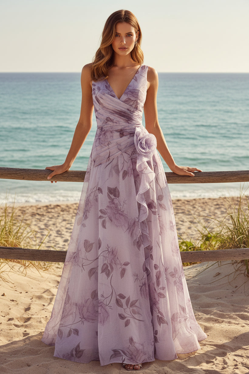 Blumen Chiffon Wickelkleid in A-Linie Abendkleid
