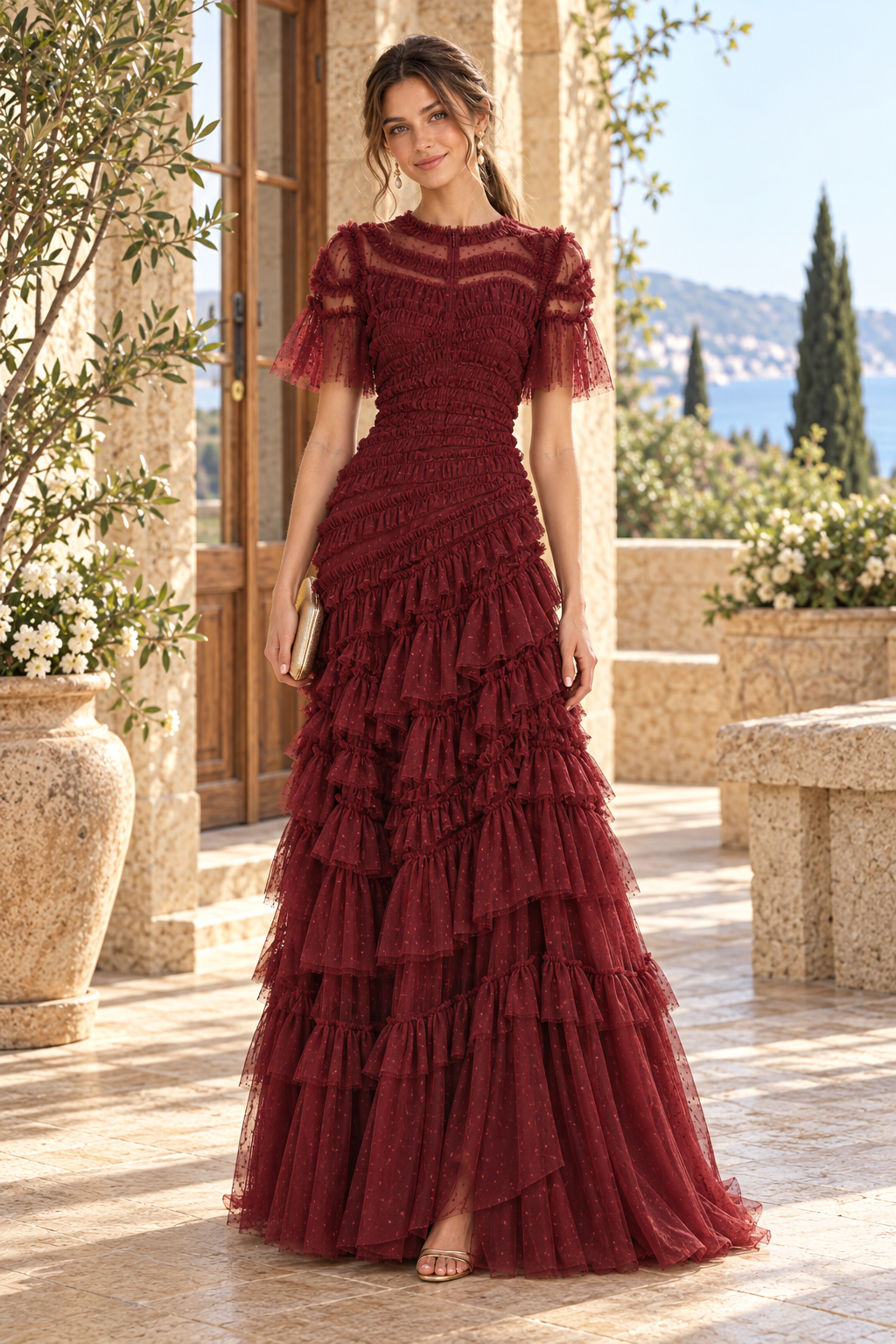 Tiered Ruffle Tulle A-Line Evening Gown