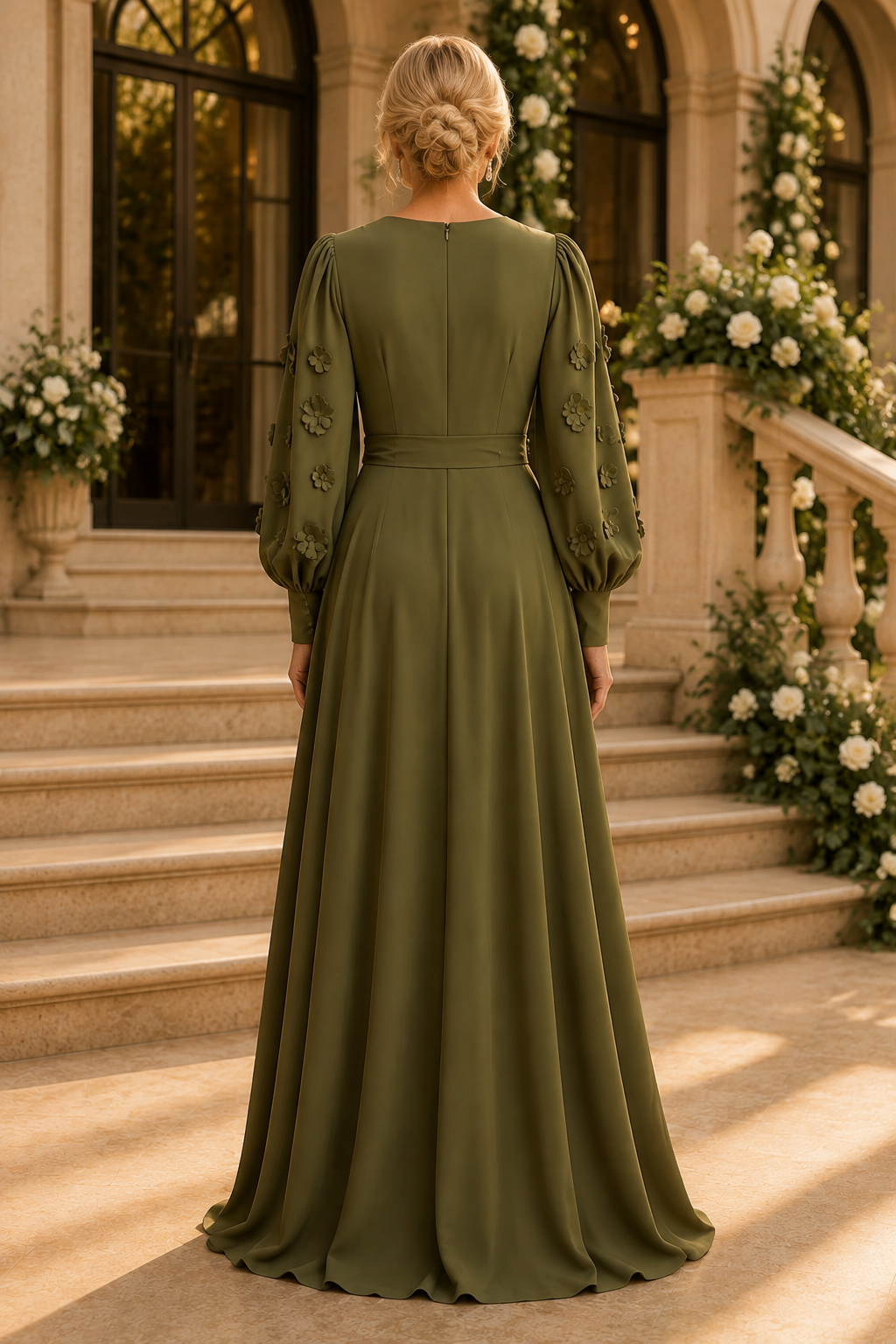 Abendkleid in A-Linie mit Wickeloptik und 3D-Blumenärmeln