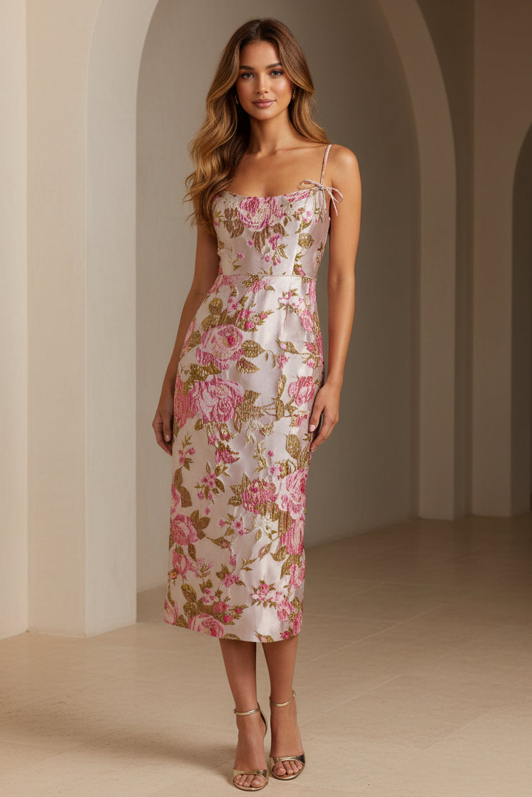 Geblümtes Jacquard-Midikleid mit Spaghettiträgern