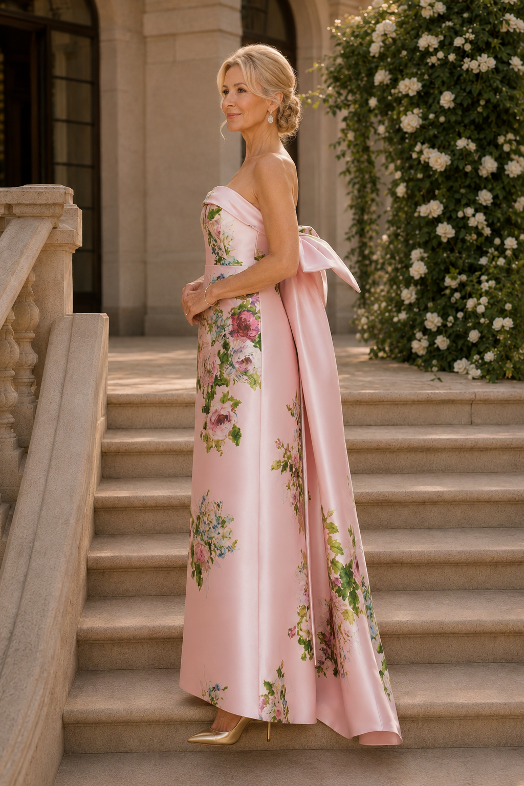 Trägerloses A-Linien-Satin-Kleid mit Blumenmuster und Schleife am Rücken