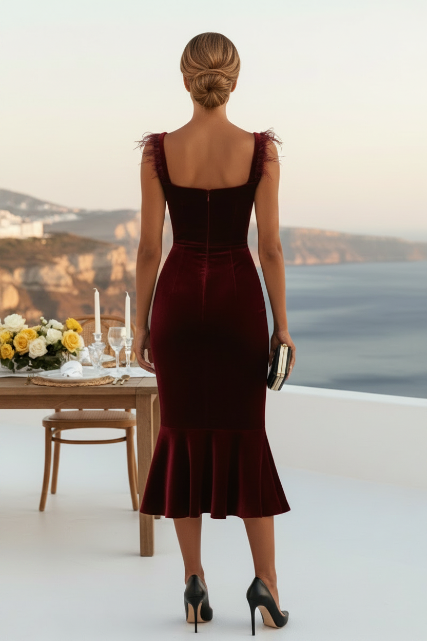 Samtkleid mit Federn an der Schulter