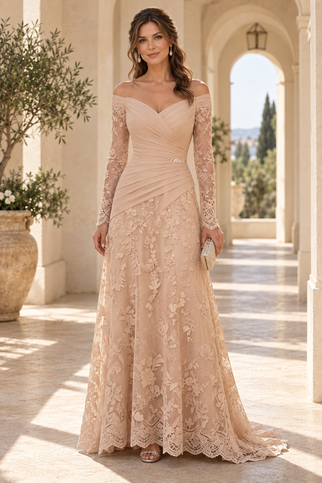 Off-the-Shoulder Ruched Bodice Lace Gown