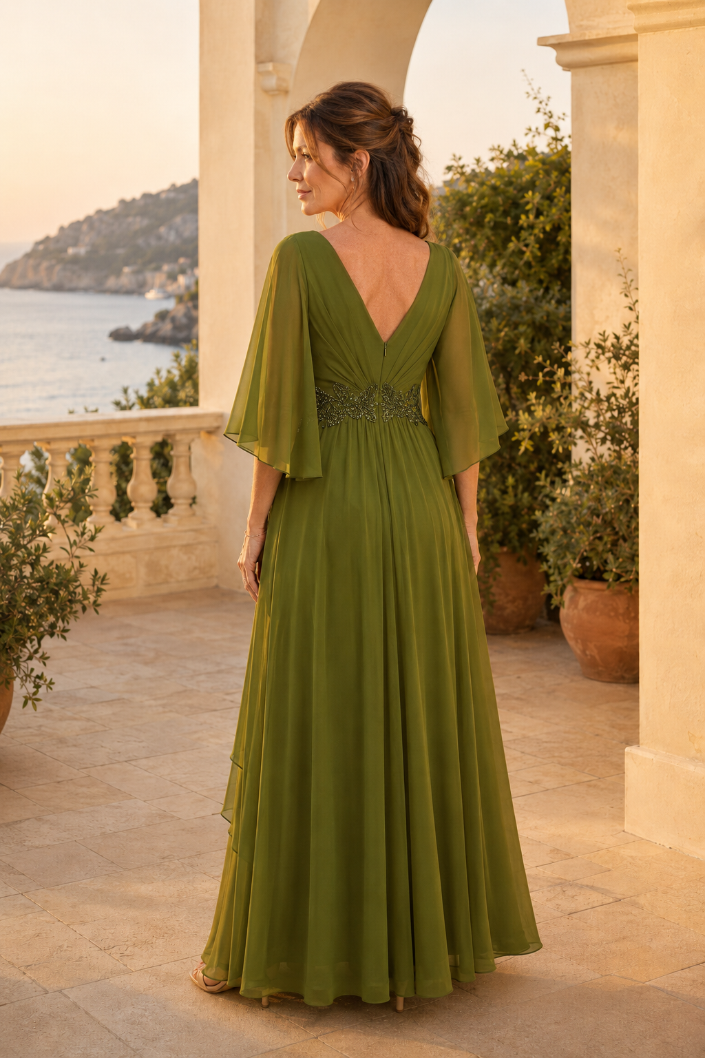 A-Linien-Kleid mit V-Ausschnitt, Volantärmeln und Perlen an der Taille