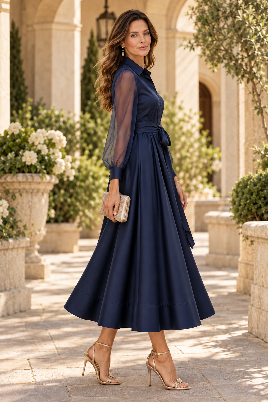 Sheer Long Sleeve Pleated A-Line Shirt Dress
