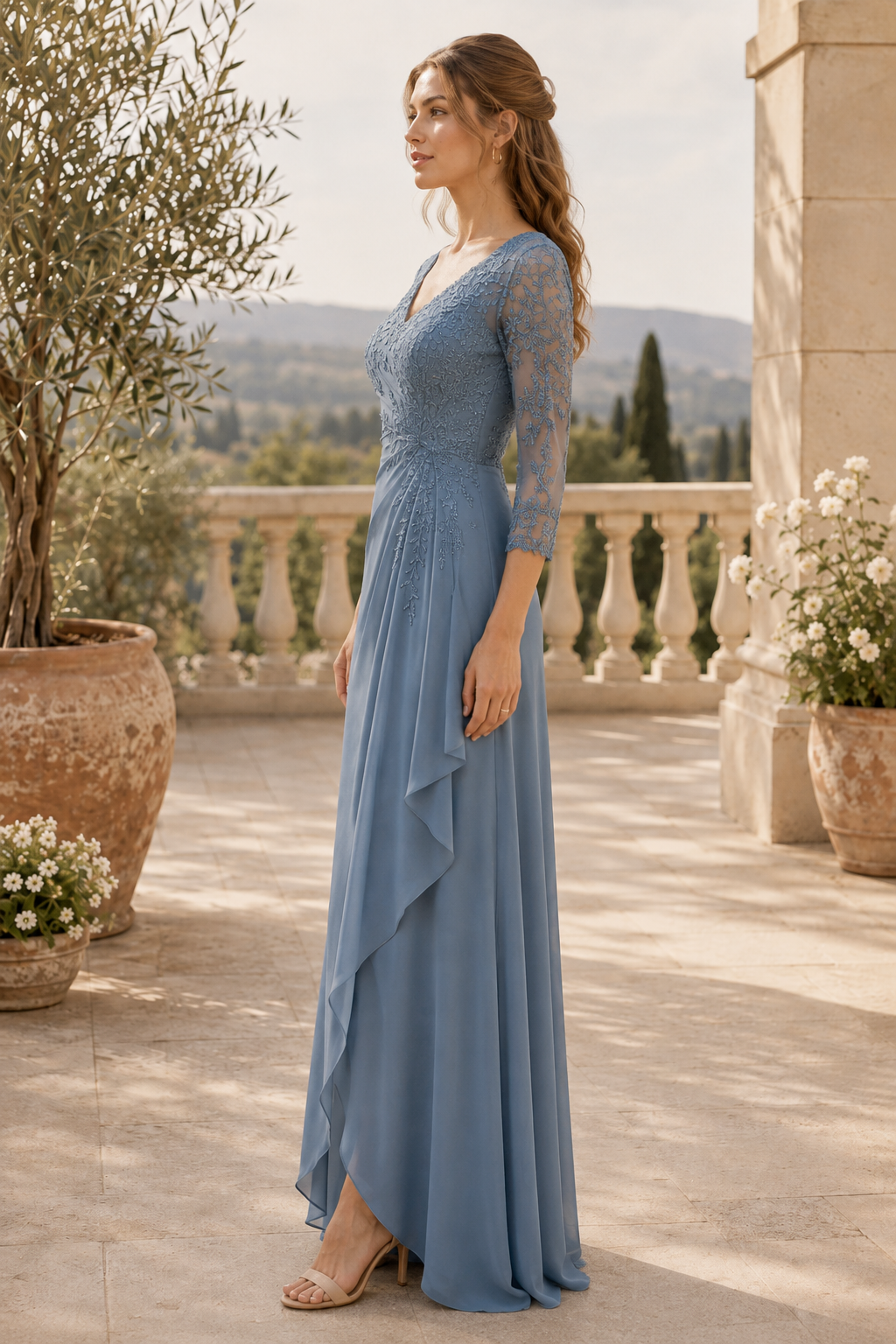 Maxikleid mit Spitzenoberteil, 3/4-Ärmeln und Drapierungen