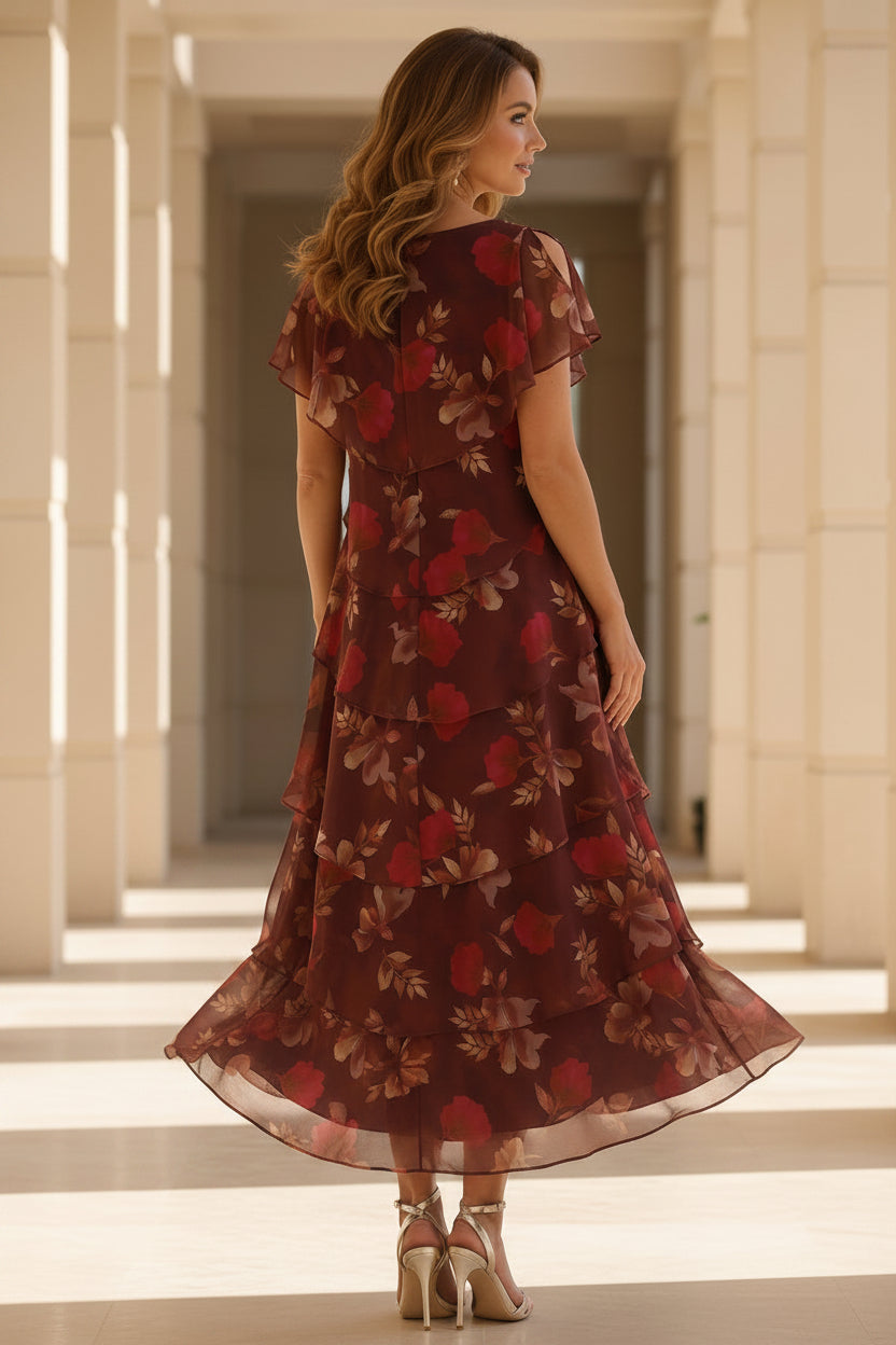 Gestuftes Chiffonkleid mit Blumenmuster für die Brautmutter