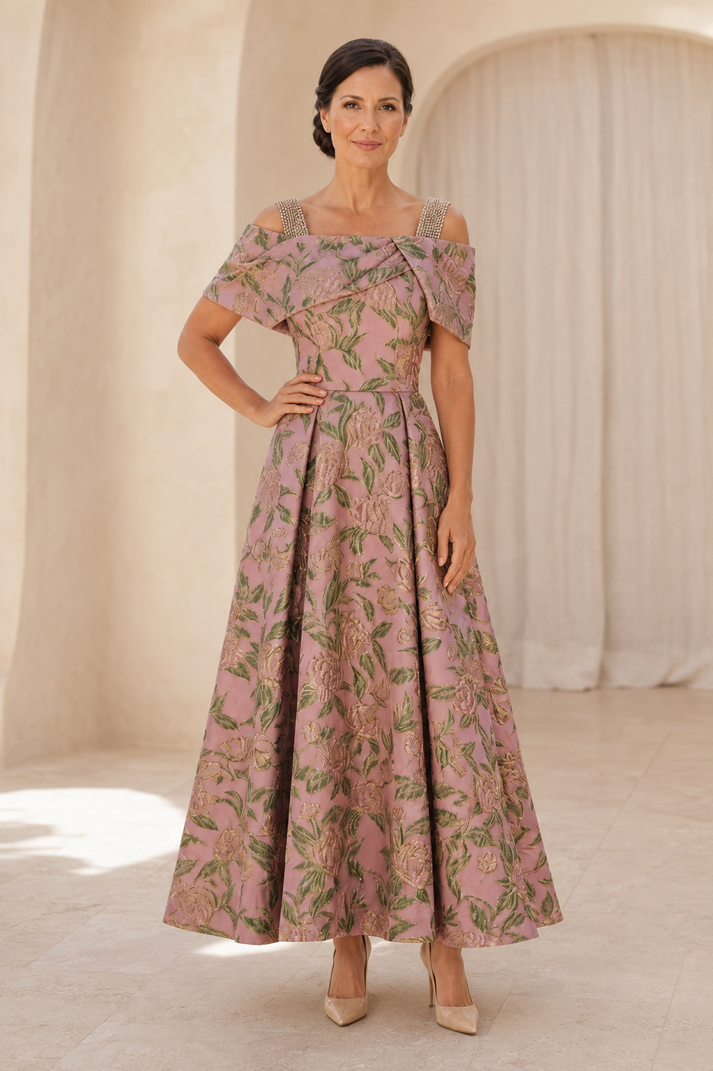 Blumen-Jacquard-Abendkleid mit Carmen-Ausschnitt in A-Linie