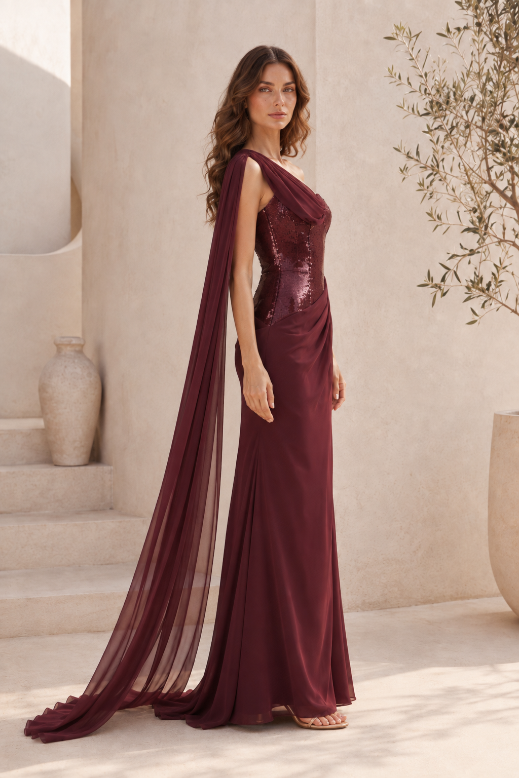 Ein-Schulter-Pailletten-Korsett-Abendkleid mit Cape