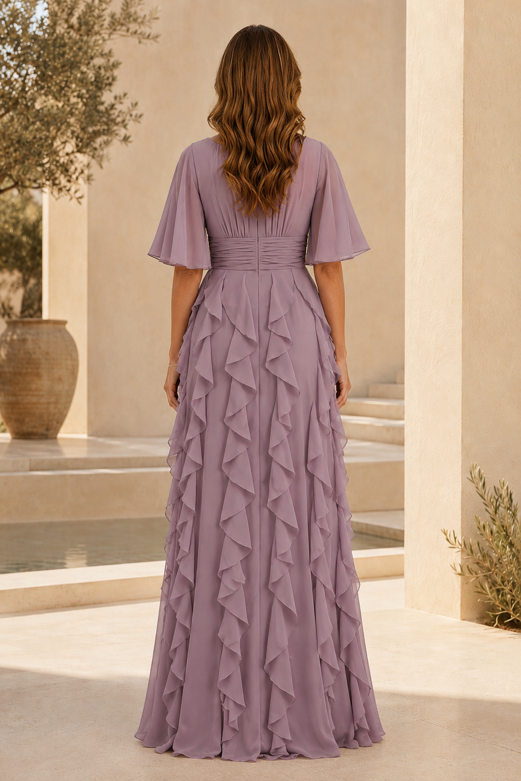Abendkleid mit Rüschenstufen, A-Linie und flatternden Ärmeln