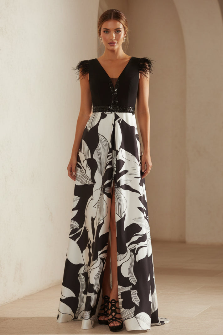 Abendkleid mit Blumenmuster, V-Ausschnitt und Federbesatz