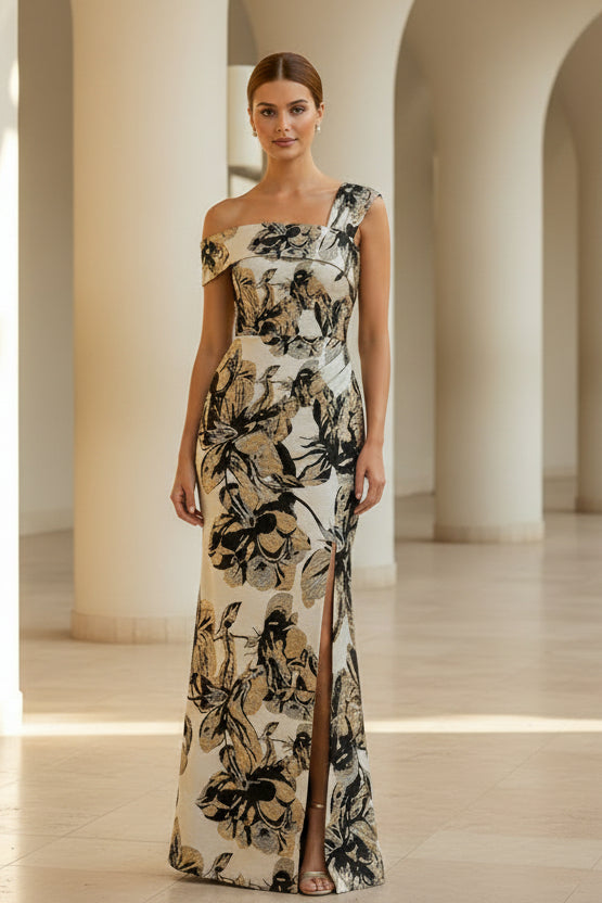 Blumiges Jacquard-Abendkleid mit One-Shoulder und Schlitz