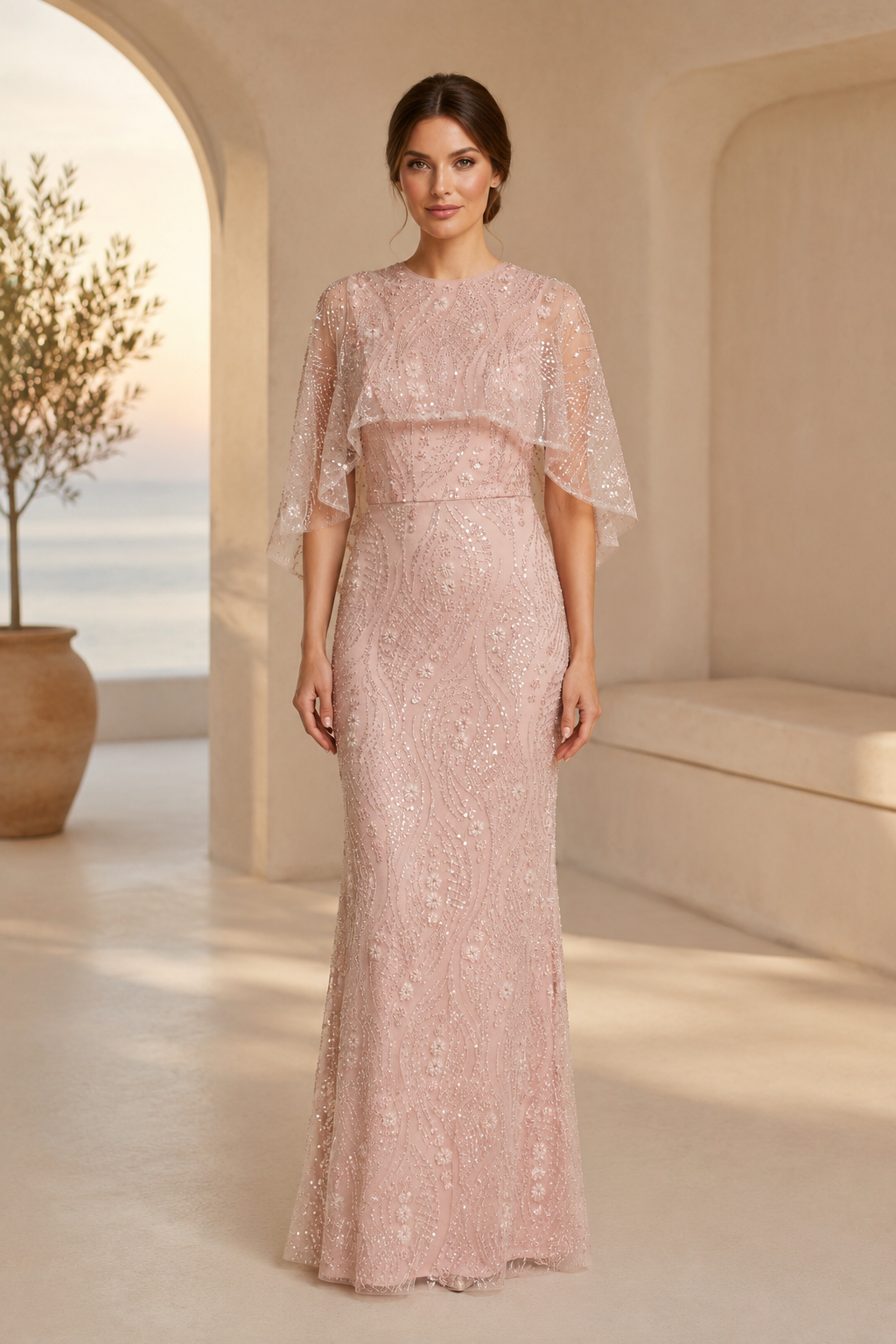 Pailletten-Meerjungfrauenkleid mit transparenten Capesleeves