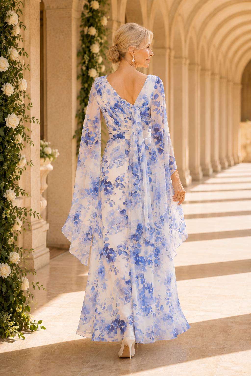 Florales High-Low Chiffonkleid mit Cape-Ärmeln