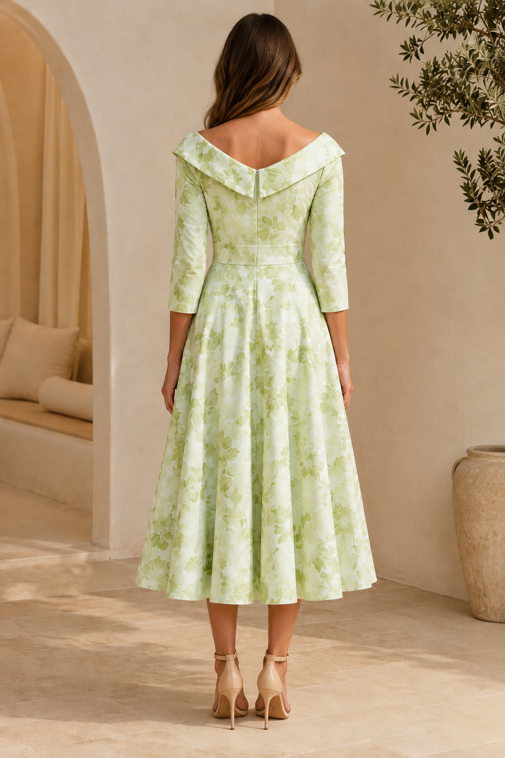 Geblümtes schulterfreies A-Linien-Midikleid mit 3/4-Ärmeln